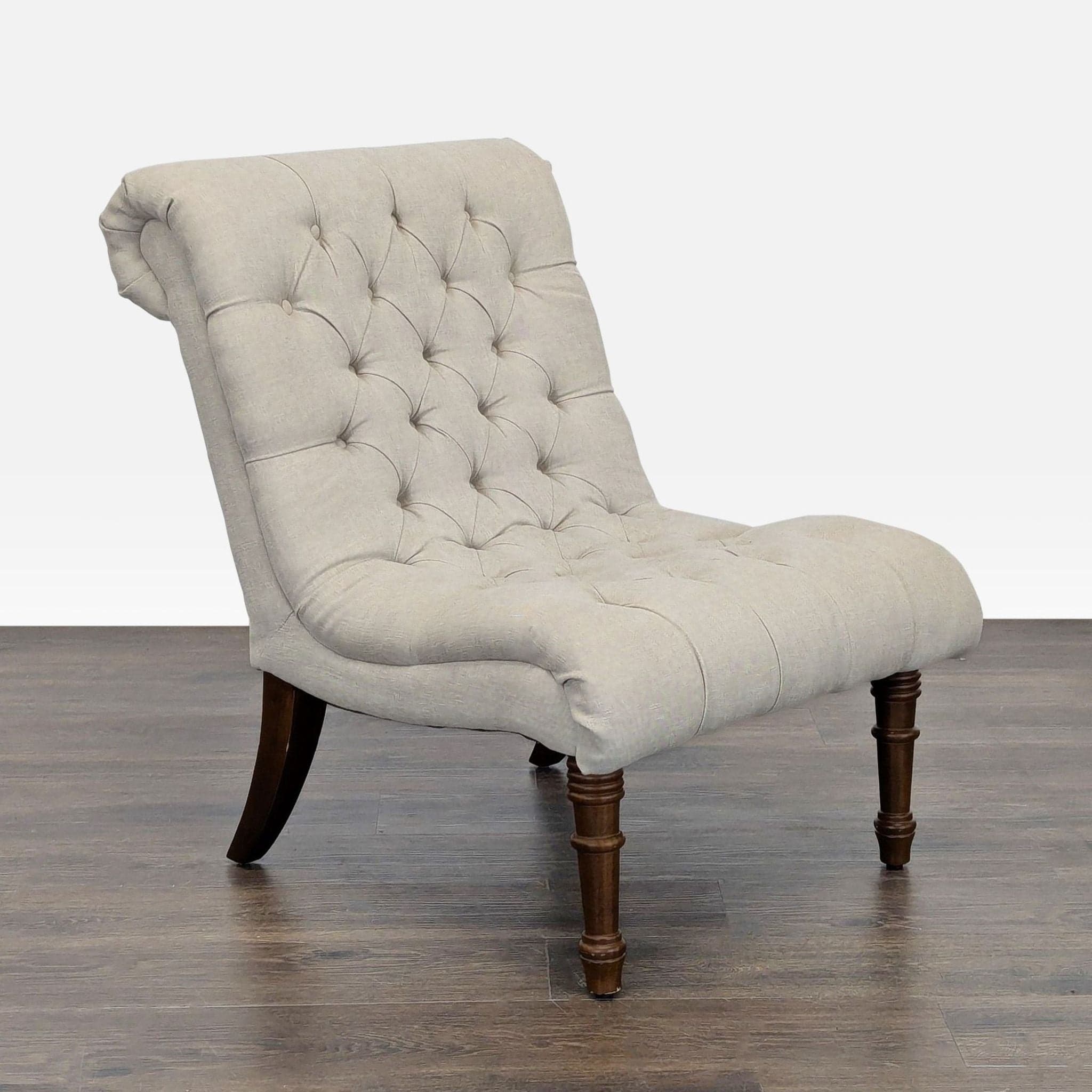 Beige Tufted Armless Lounge Chair with Wooden Legs - Thumbnail 2