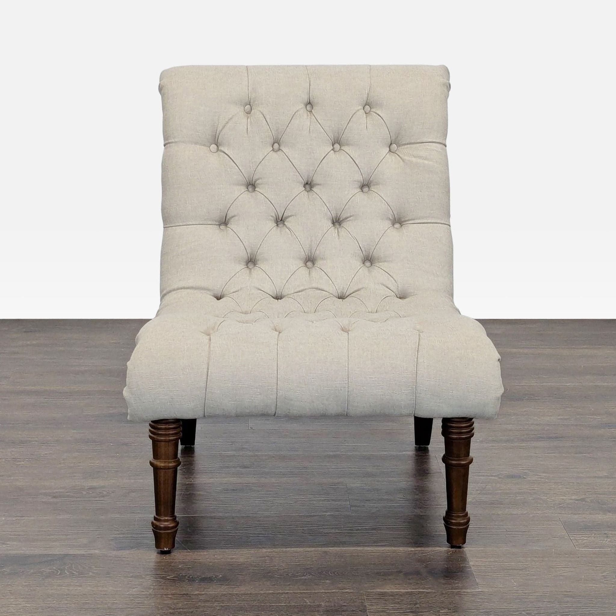 Beige Tufted Armless Lounge Chair with Wooden Legs - Image 1
