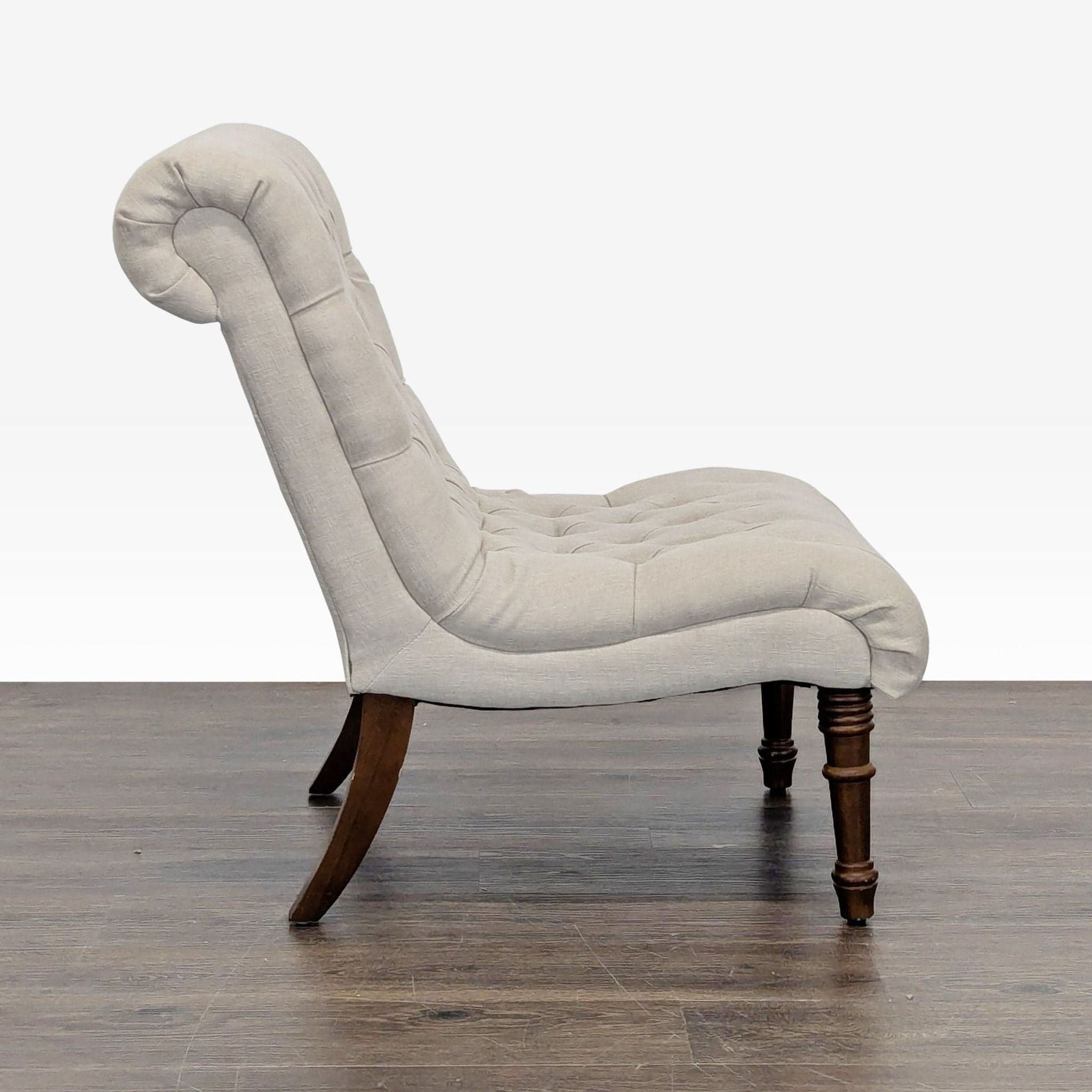 Beige Tufted Armless Lounge Chair with Wooden Legs - Thumbnail 6