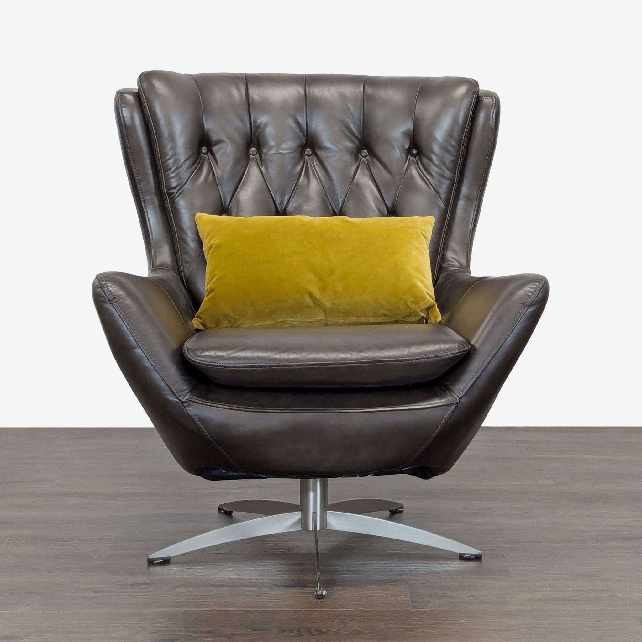 Pottery Barn Wells Modern Brown Leather Swivel Chair with Yellow Pillow - Image 1