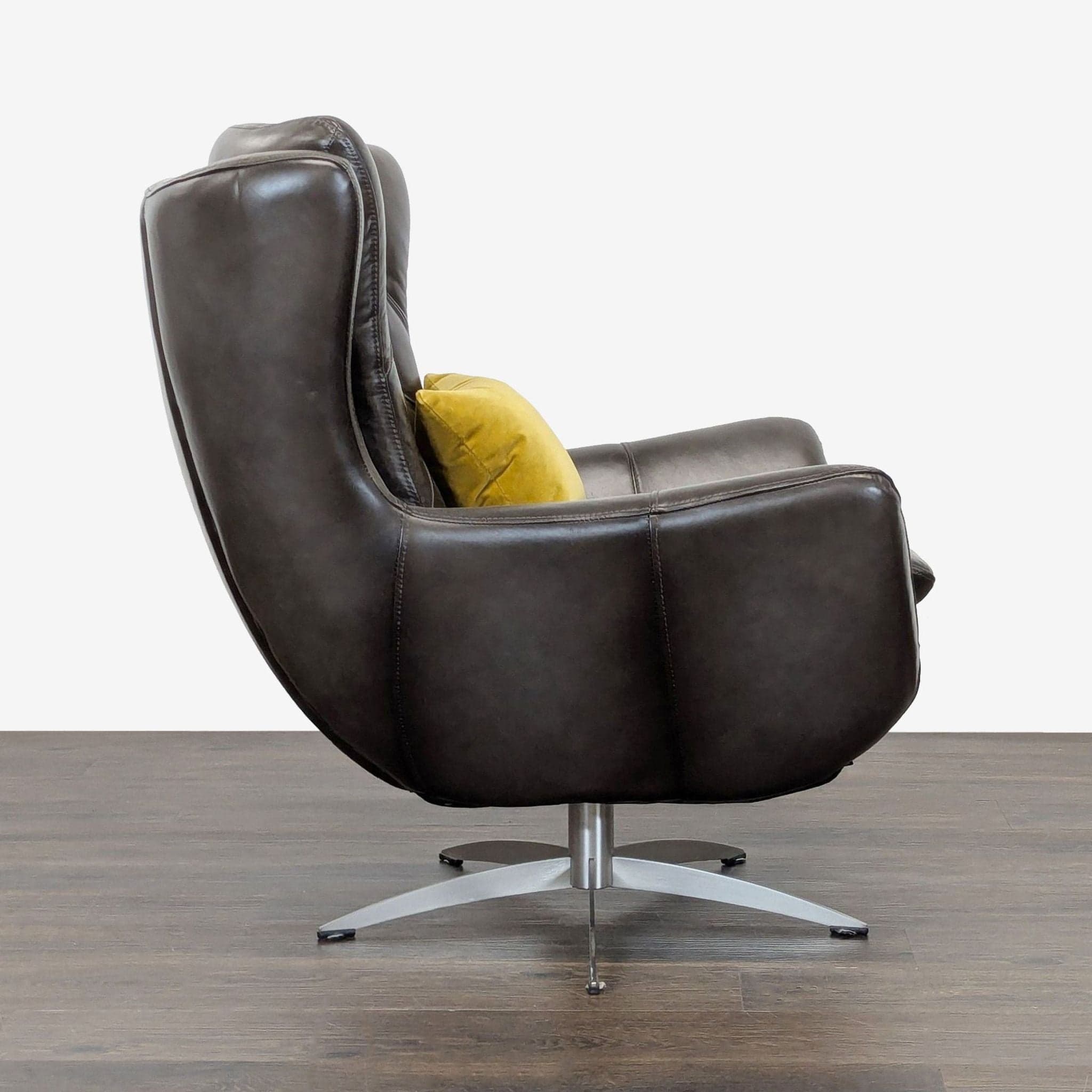Pottery Barn Wells Modern Brown Leather Swivel Chair with Yellow Pillow - Thumbnail 2