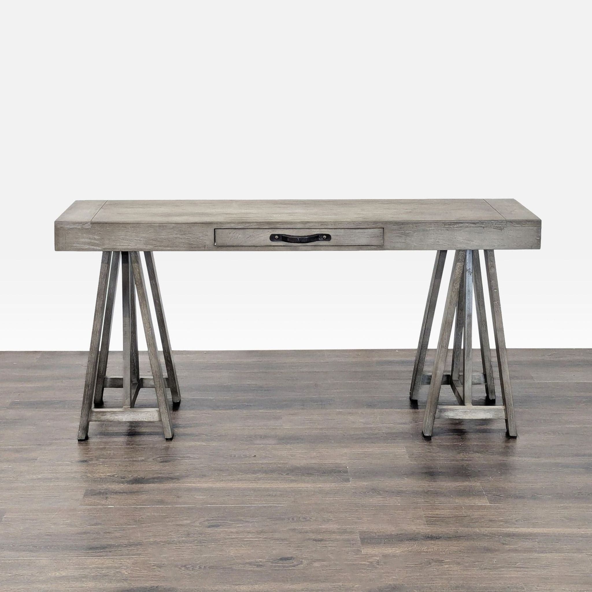 World Market Gray Wooden Desk with Sawhorse Legs - Image 1