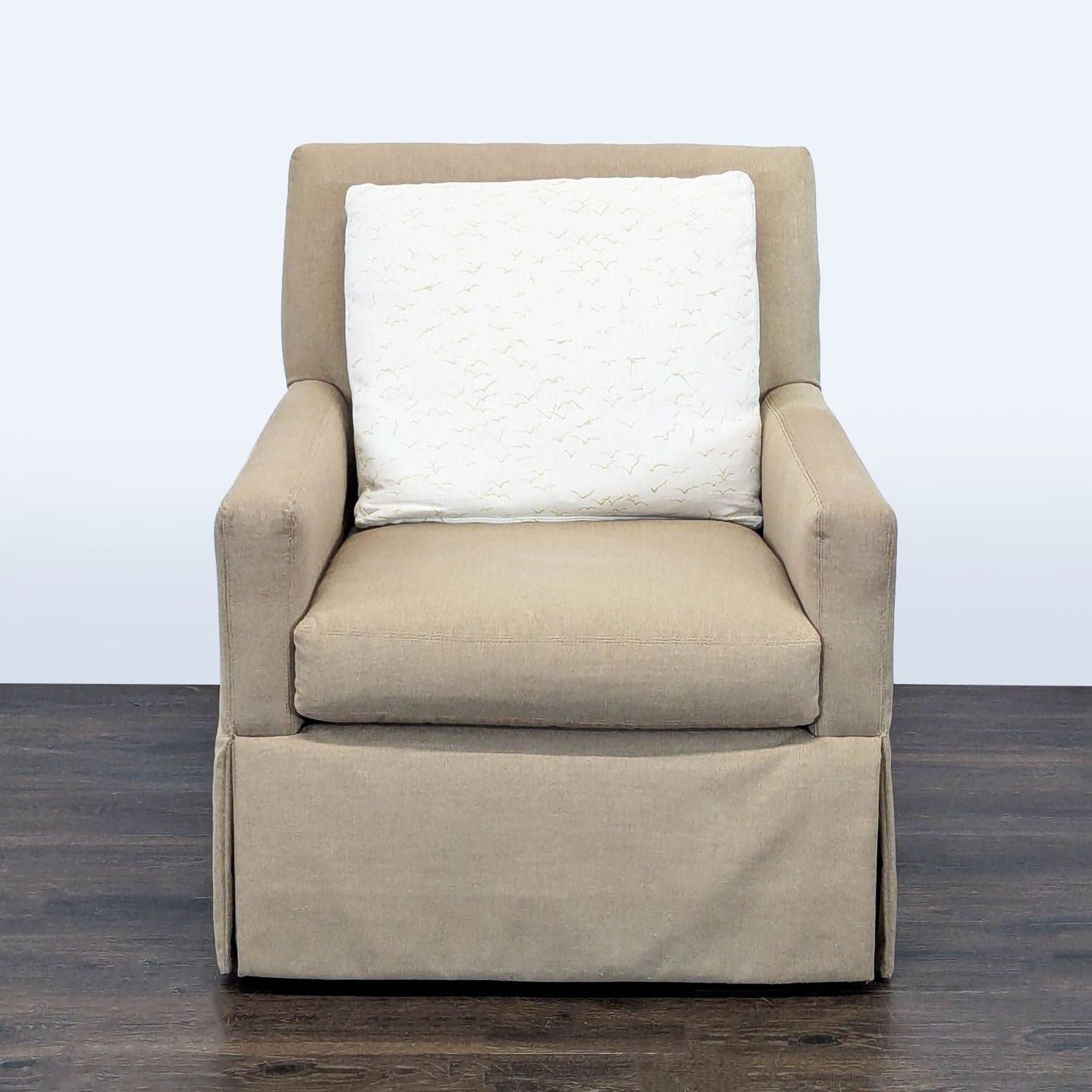 Lee Industries Beige Swivel Lounge Chair with Skirted Base and Accent Pillow - Image 1