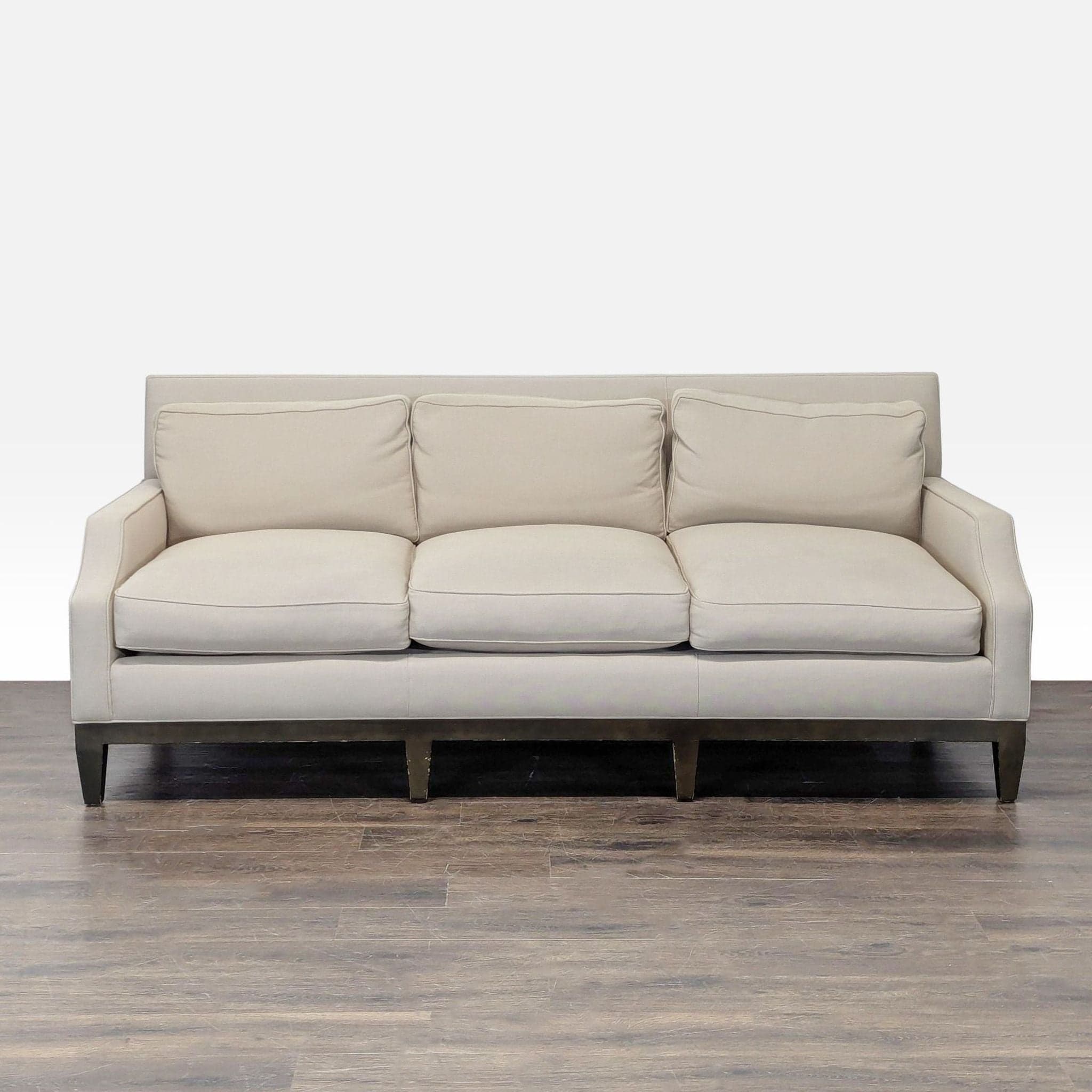 Modern 3-Seat Beige Sofa with Cushions and Sturdy Wooden Legs - Image 1