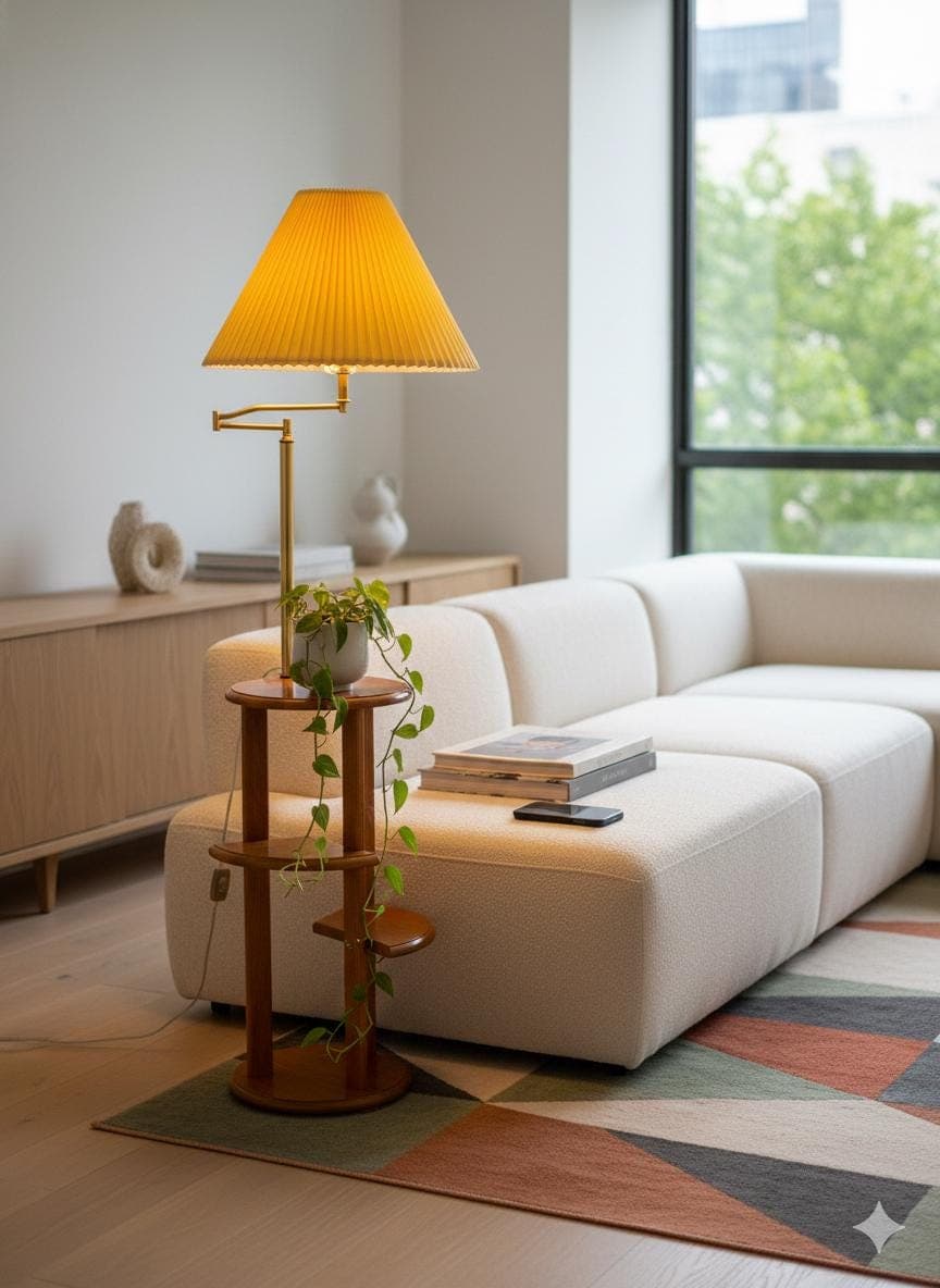 Vintage Anthony California Floor Lamp – Mid Century Oak Plant Stand, Swing Arm Lighting - Thumbnail 13