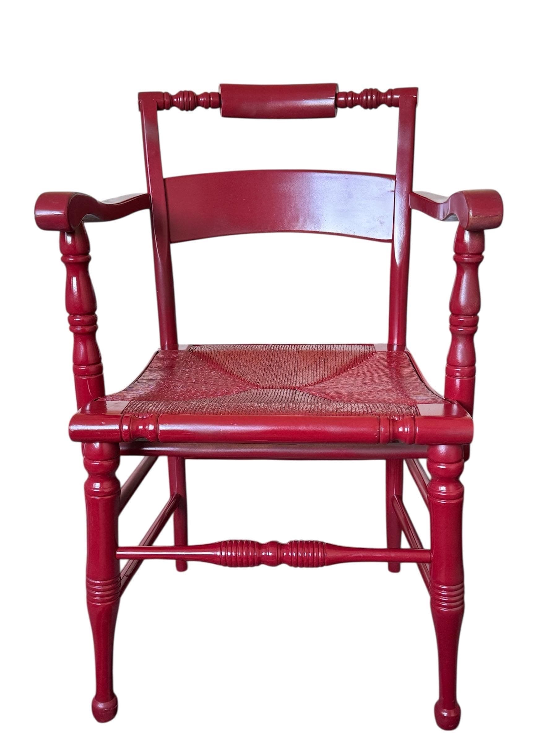 Vintage Hollywood Regency Red Lacquered Armchairs - Spindle Bobbin, Rush Seats - Thumbnail 4