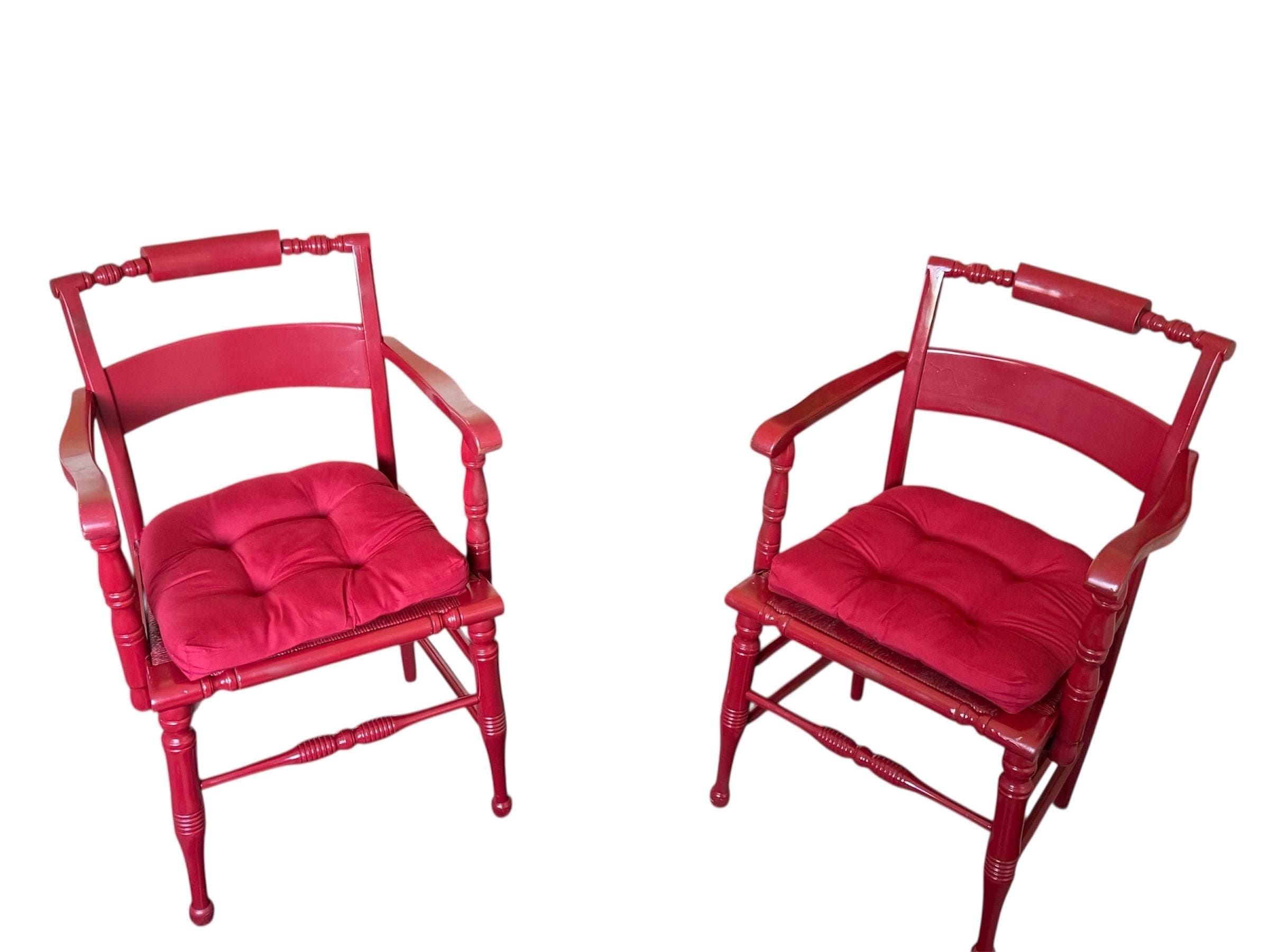Vintage Hollywood Regency Red Lacquered Armchairs - Spindle Bobbin, Rush Seats - Thumbnail 2