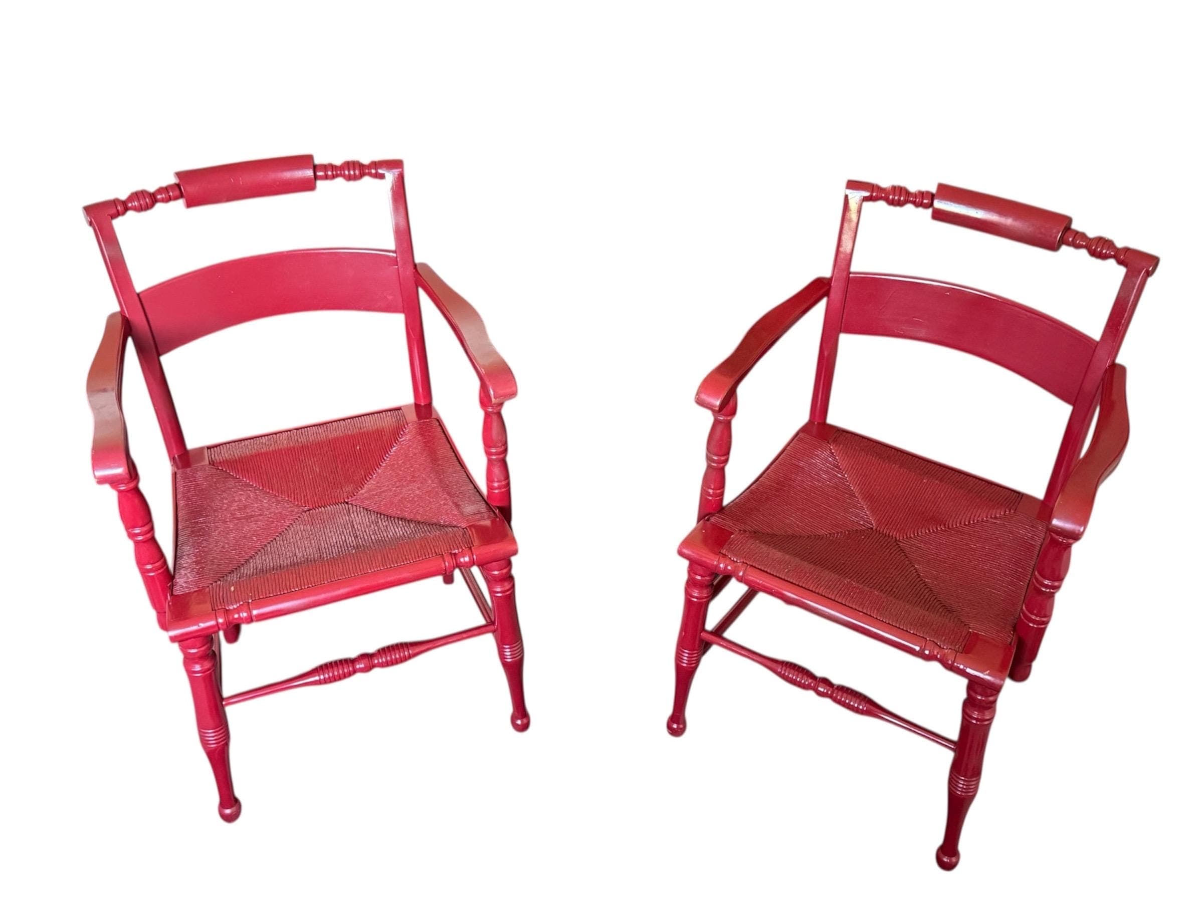 Vintage Hollywood Regency Red Lacquered Armchairs - Spindle Bobbin, Rush Seats - Image 1
