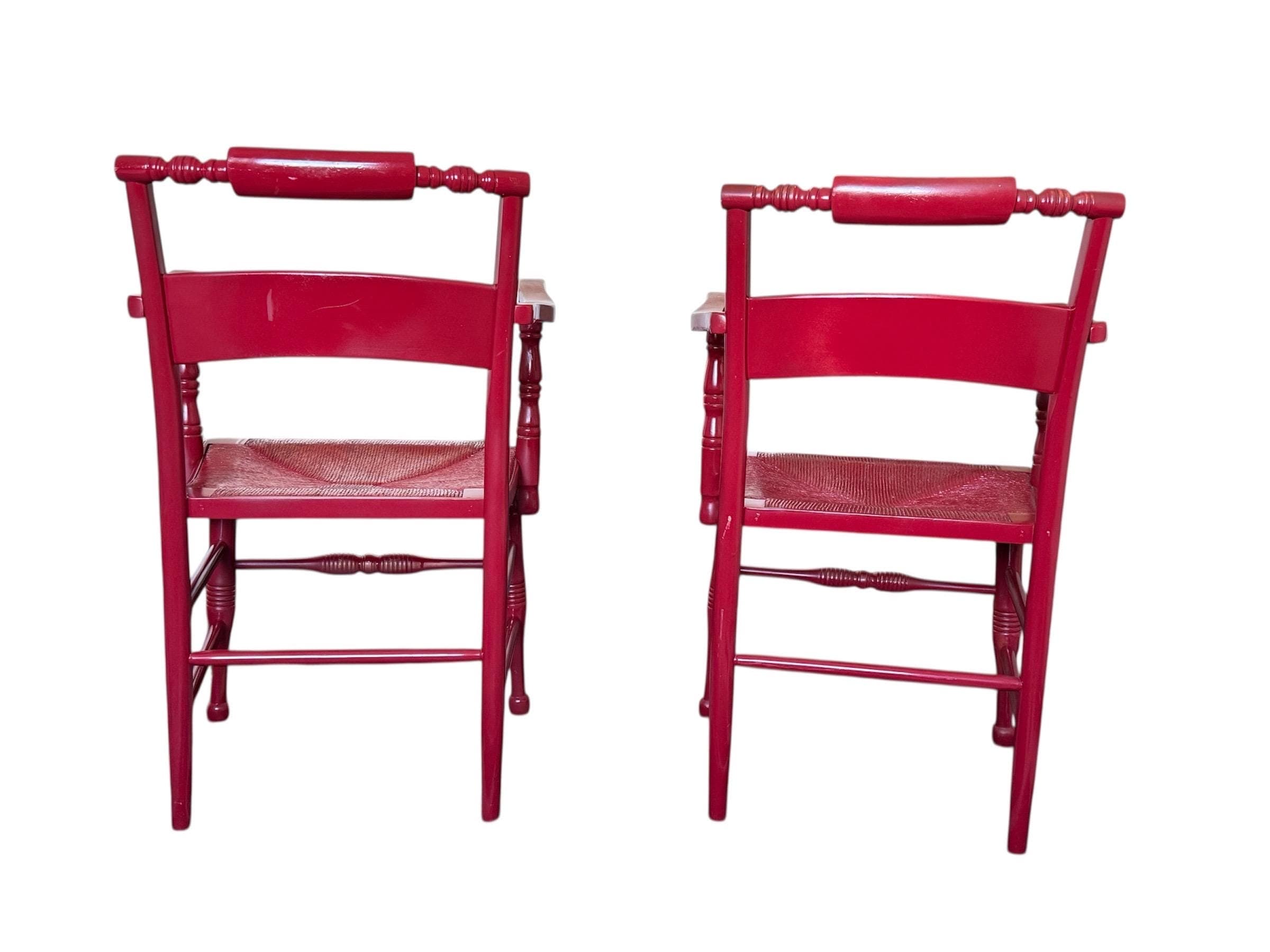 Vintage Hollywood Regency Red Lacquered Armchairs - Spindle Bobbin, Rush Seats - Thumbnail 8