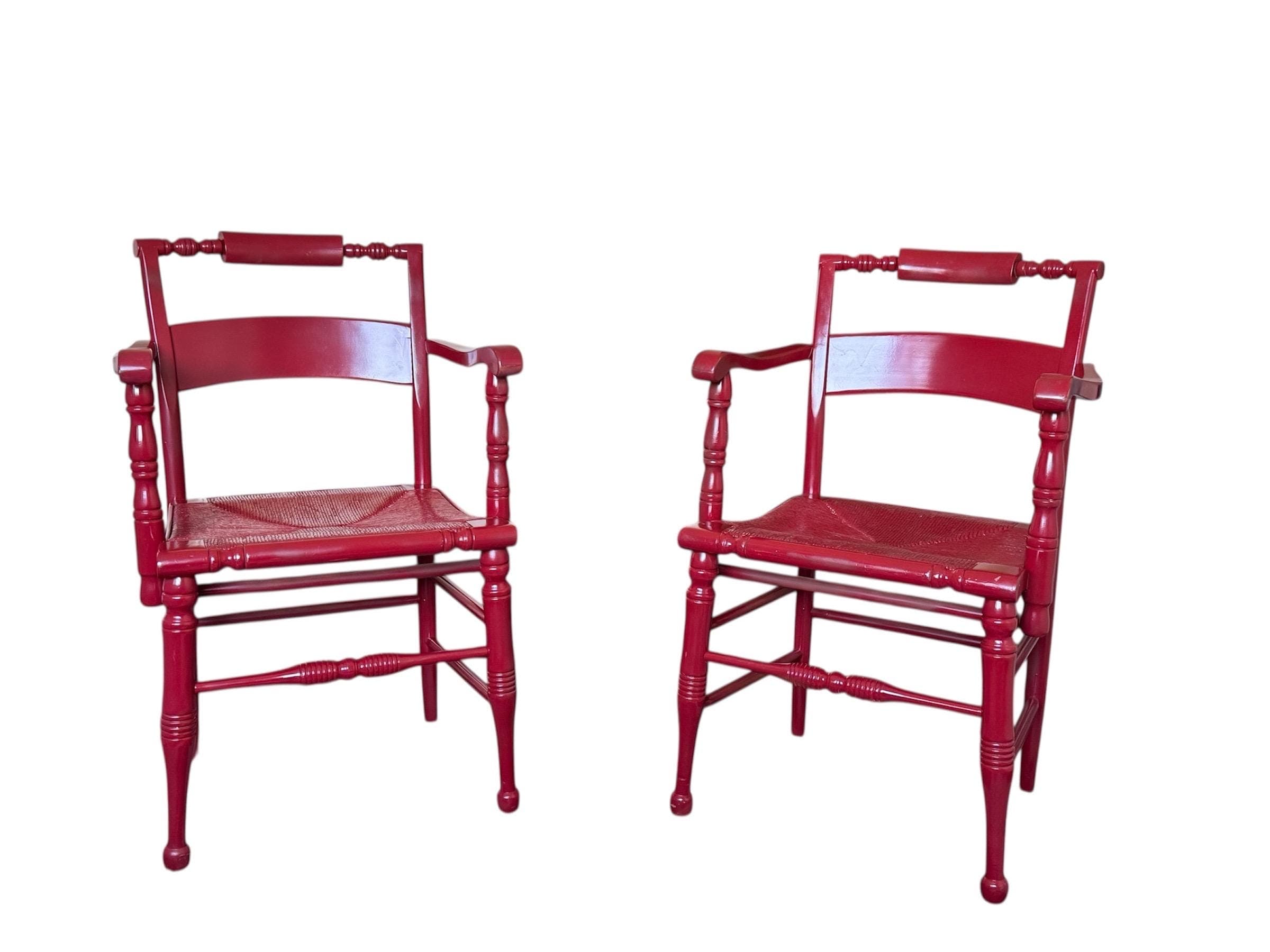 Vintage Hollywood Regency Red Lacquered Armchairs - Spindle Bobbin, Rush Seats - Thumbnail 3