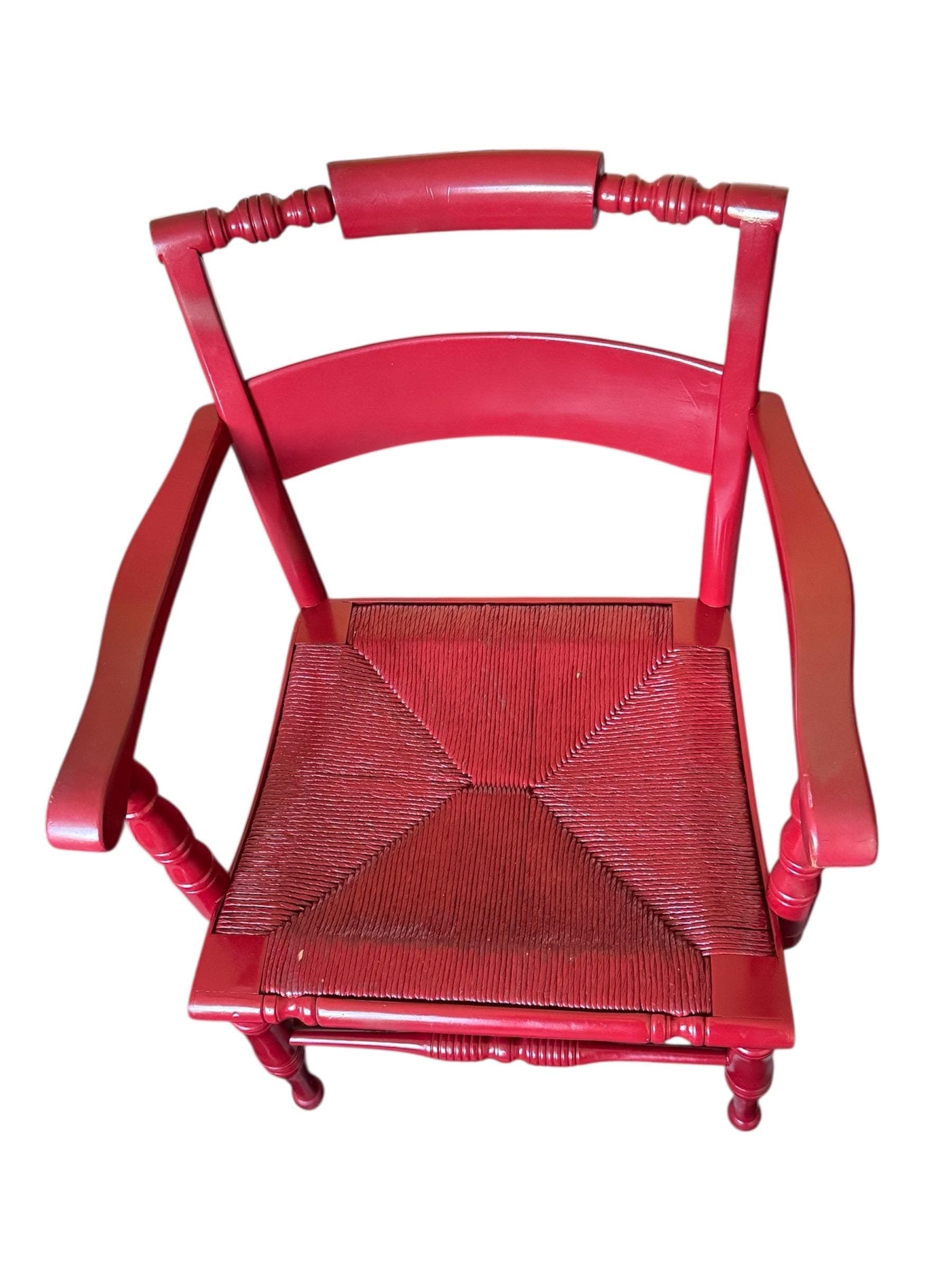 Vintage Hollywood Regency Red Lacquered Armchairs - Spindle Bobbin, Rush Seats - Thumbnail 5