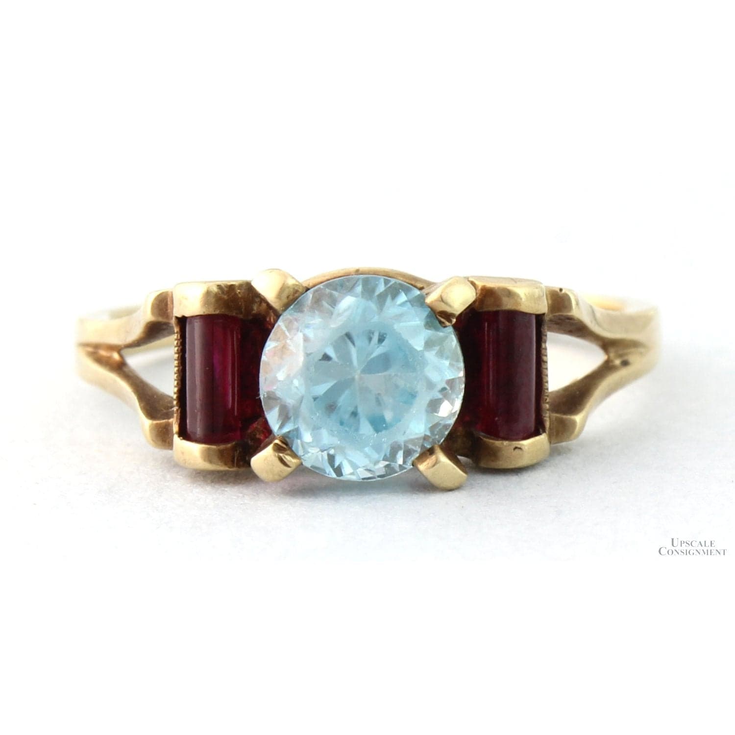Art Deco Natural Blue Zircon & Created Ruby 10K Gold Ring - Size 6.25 - 6.50 - Image 1
