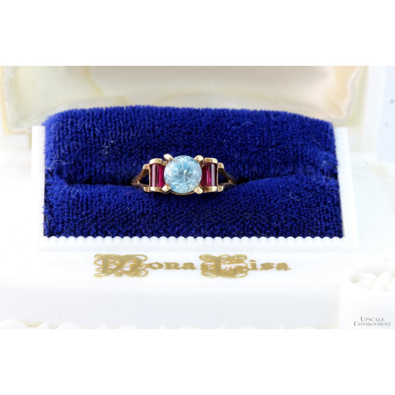Art Deco Natural Blue Zircon & Created Ruby 10K Gold Ring - Size 6.25 - 6.50 - Thumbnail 2
