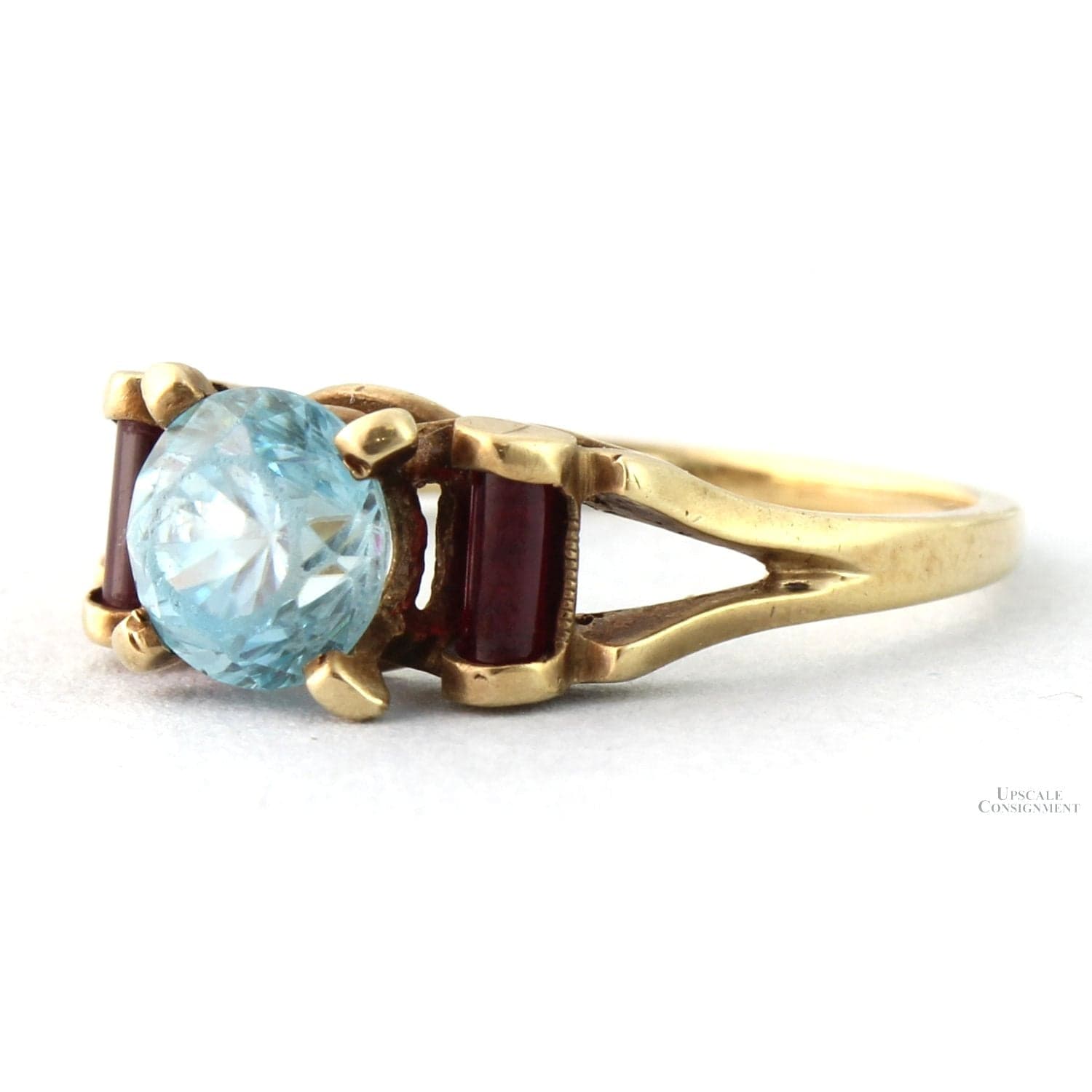 Art Deco Natural Blue Zircon & Created Ruby 10K Gold Ring - Size 6.25 - 6.50 - Thumbnail 3