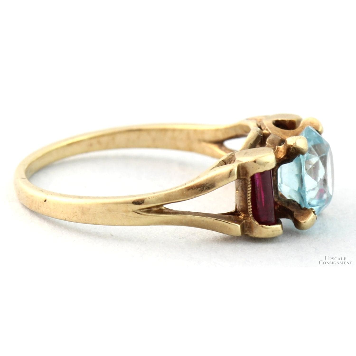 Art Deco Natural Blue Zircon & Created Ruby 10K Gold Ring - Size 6.25 - 6.50 - Thumbnail 4
