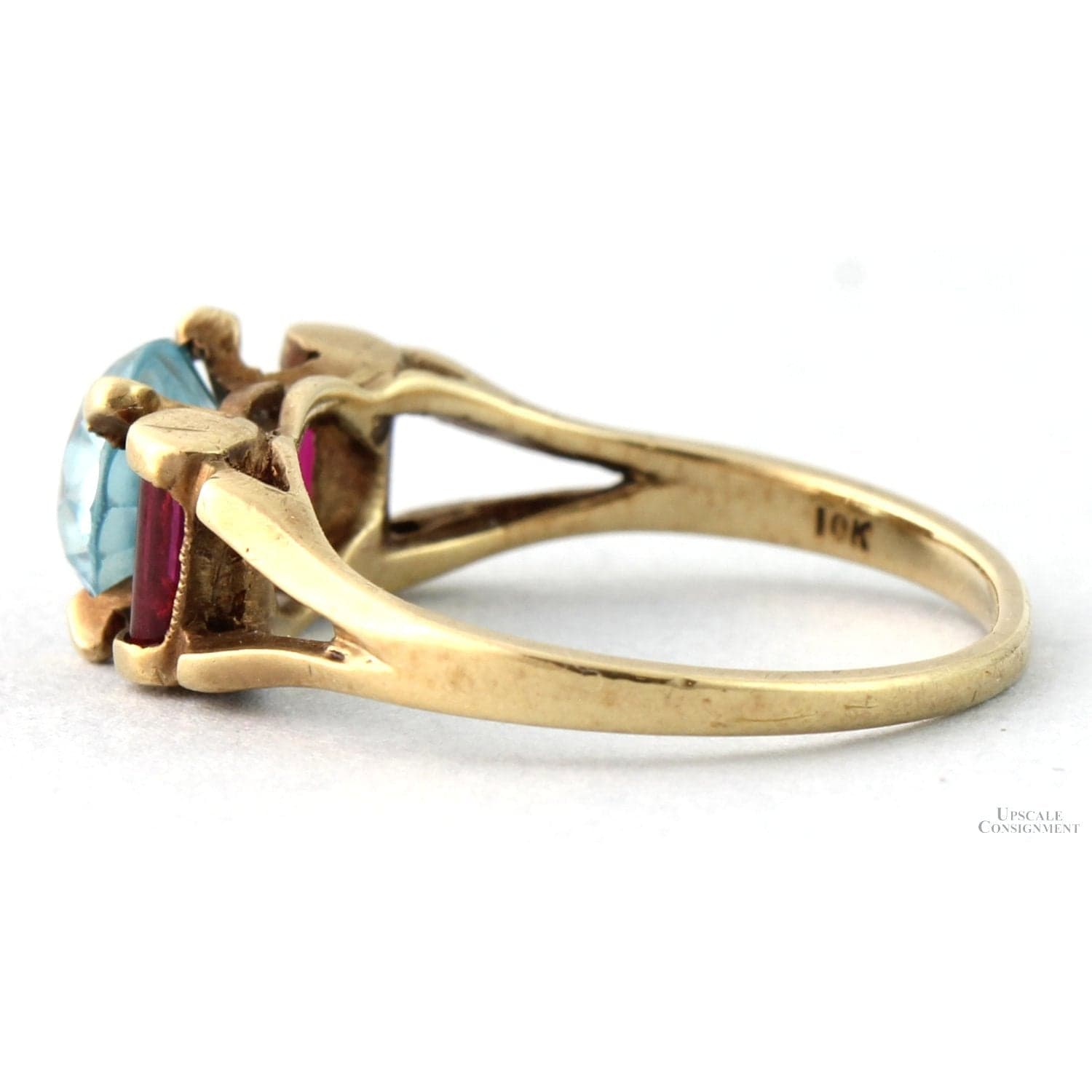 Art Deco Natural Blue Zircon & Created Ruby 10K Gold Ring - Size 6.25 - 6.50 - Thumbnail 5