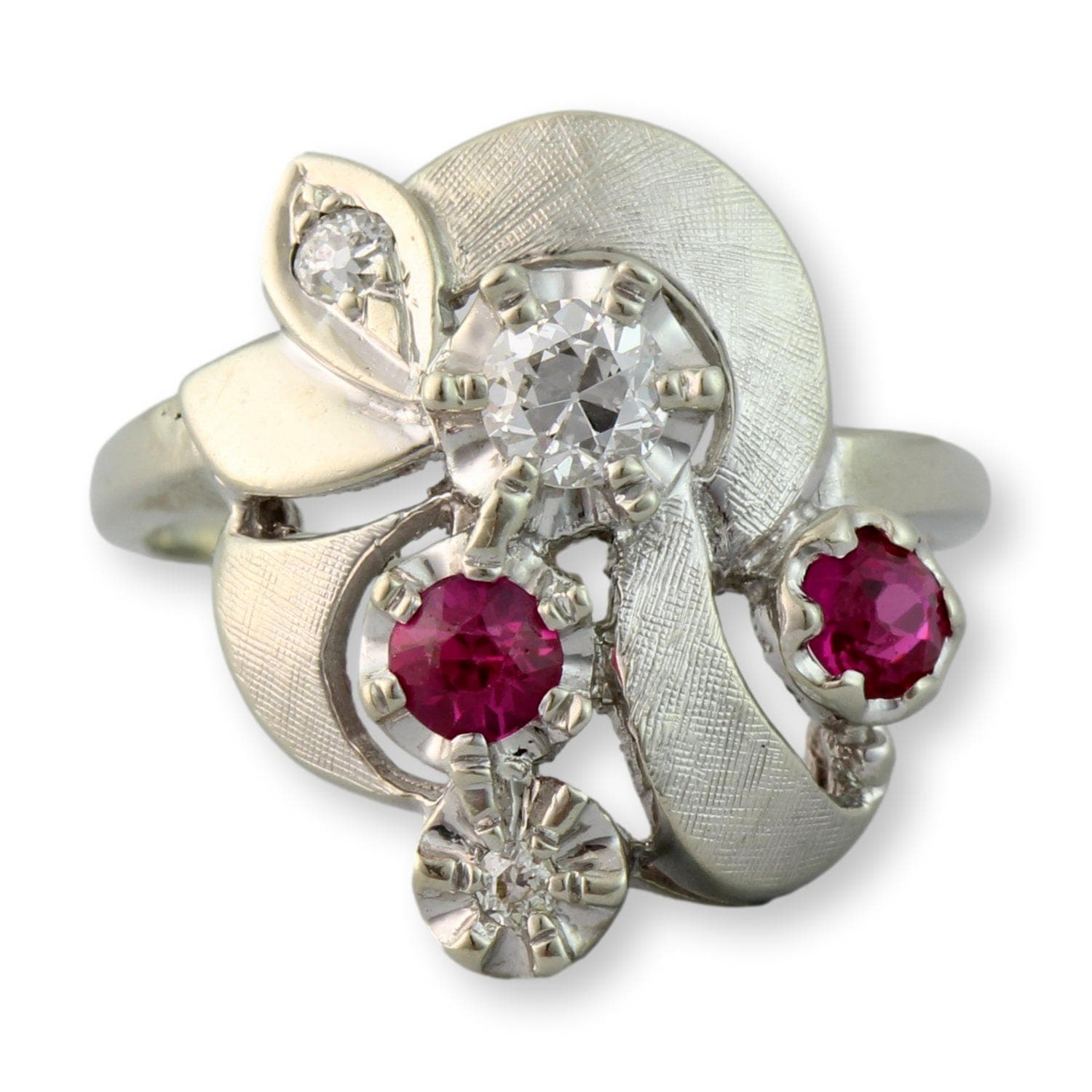 Old European & Old Mine Cut Diamonds - 14K White Gold Ribbon Ring - Size 7.75 - Image 1