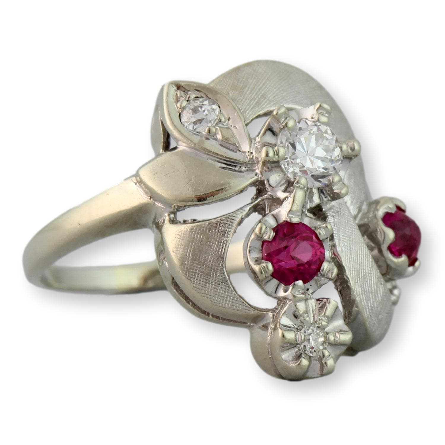 Old European & Old Mine Cut Diamonds - 14K White Gold Ribbon Ring - Size 7.75 - Thumbnail 2