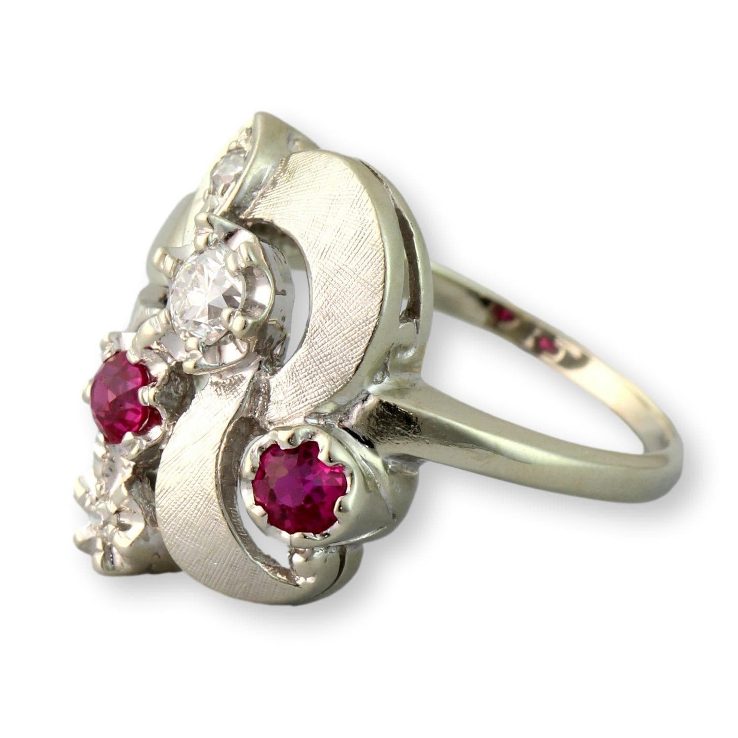 Old European & Old Mine Cut Diamonds - 14K White Gold Ribbon Ring - Size 7.75 - Thumbnail 3