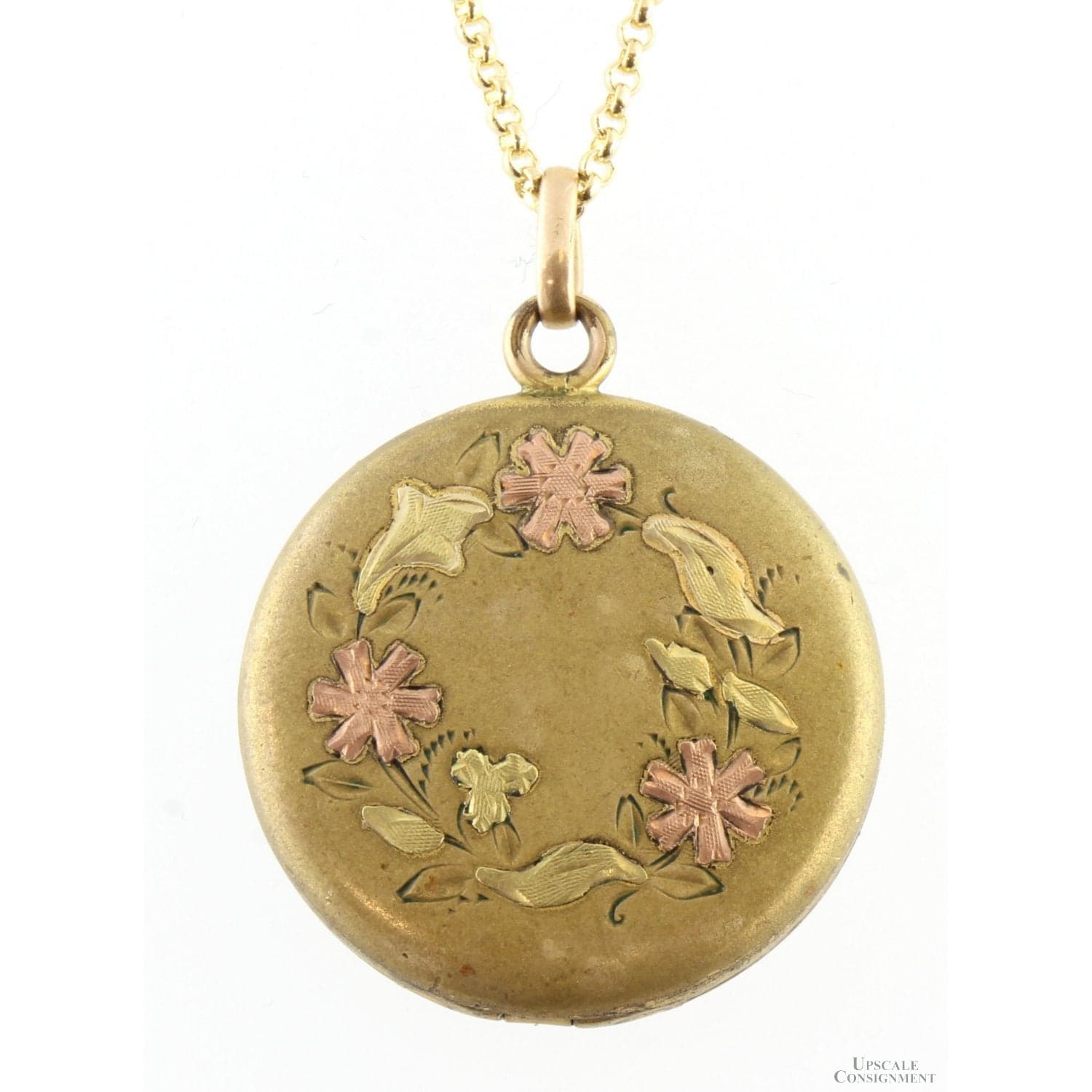 Gold-Tone Locket - Tri-Color Floral Motif & Script Monogram - 1" x 1" - Image 1
