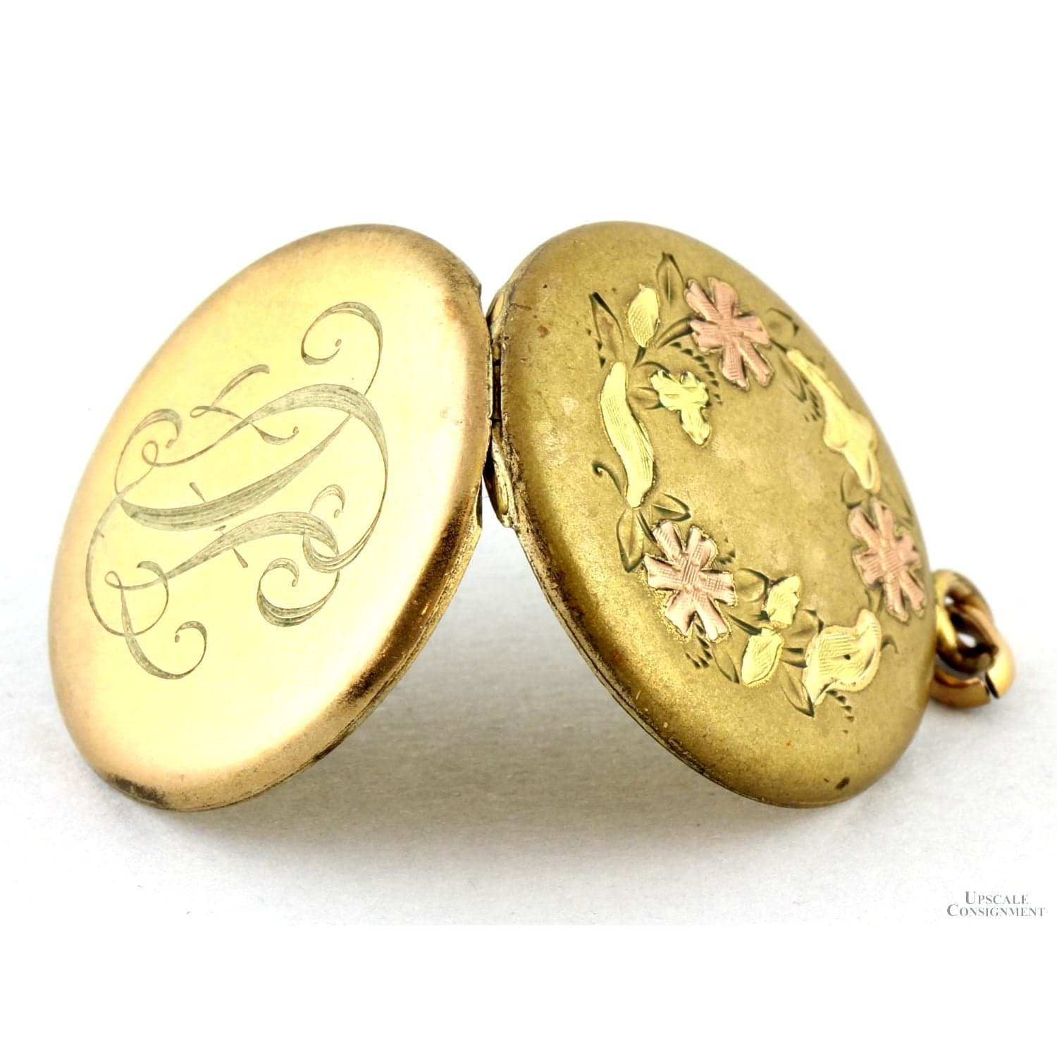 Gold-Tone Locket - Tri-Color Floral Motif & Script Monogram - 1" x 1" - Thumbnail 3