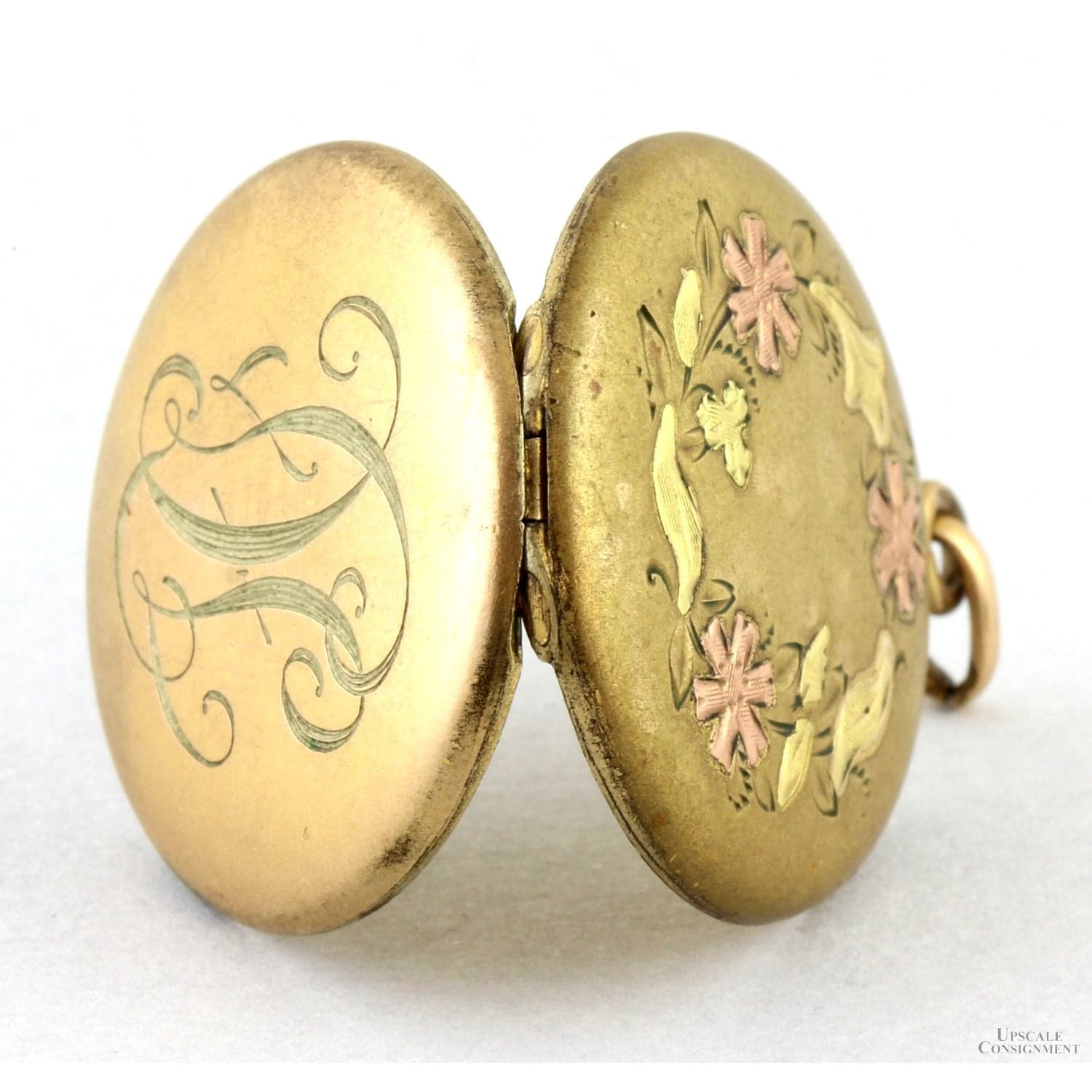 Gold-Tone Locket - Tri-Color Floral Motif & Script Monogram - 1" x 1" - Thumbnail 4