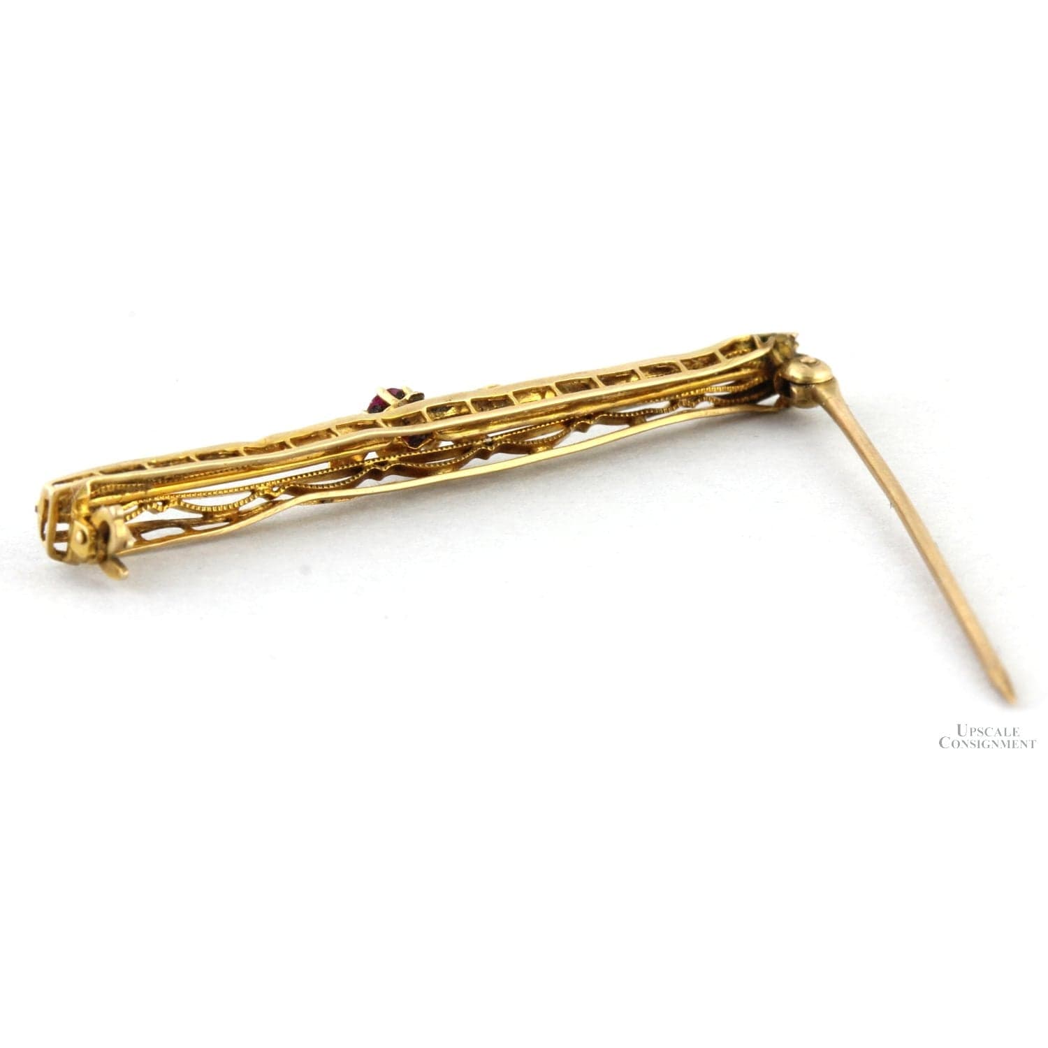 10K Yellow Gold Antique Bar Brooch - Lab-Created Ruby - 2" - Thumbnail 3
