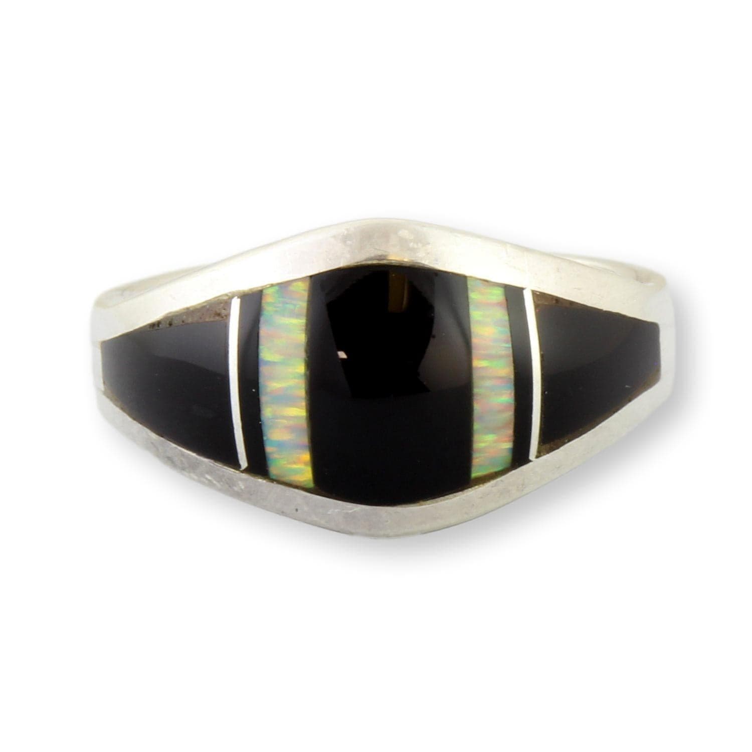 Black Onyx & Fiery Opal Sterling Silver Ring by Navajo Sheila Tso - Size 8 - Thumbnail 2