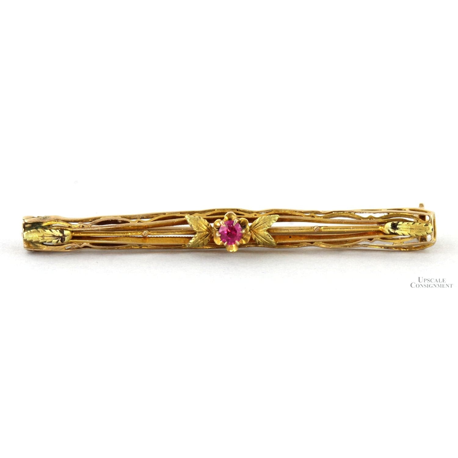 10K Yellow Gold Antique Bar Brooch - Lab-Created Ruby - 2" - Image 1