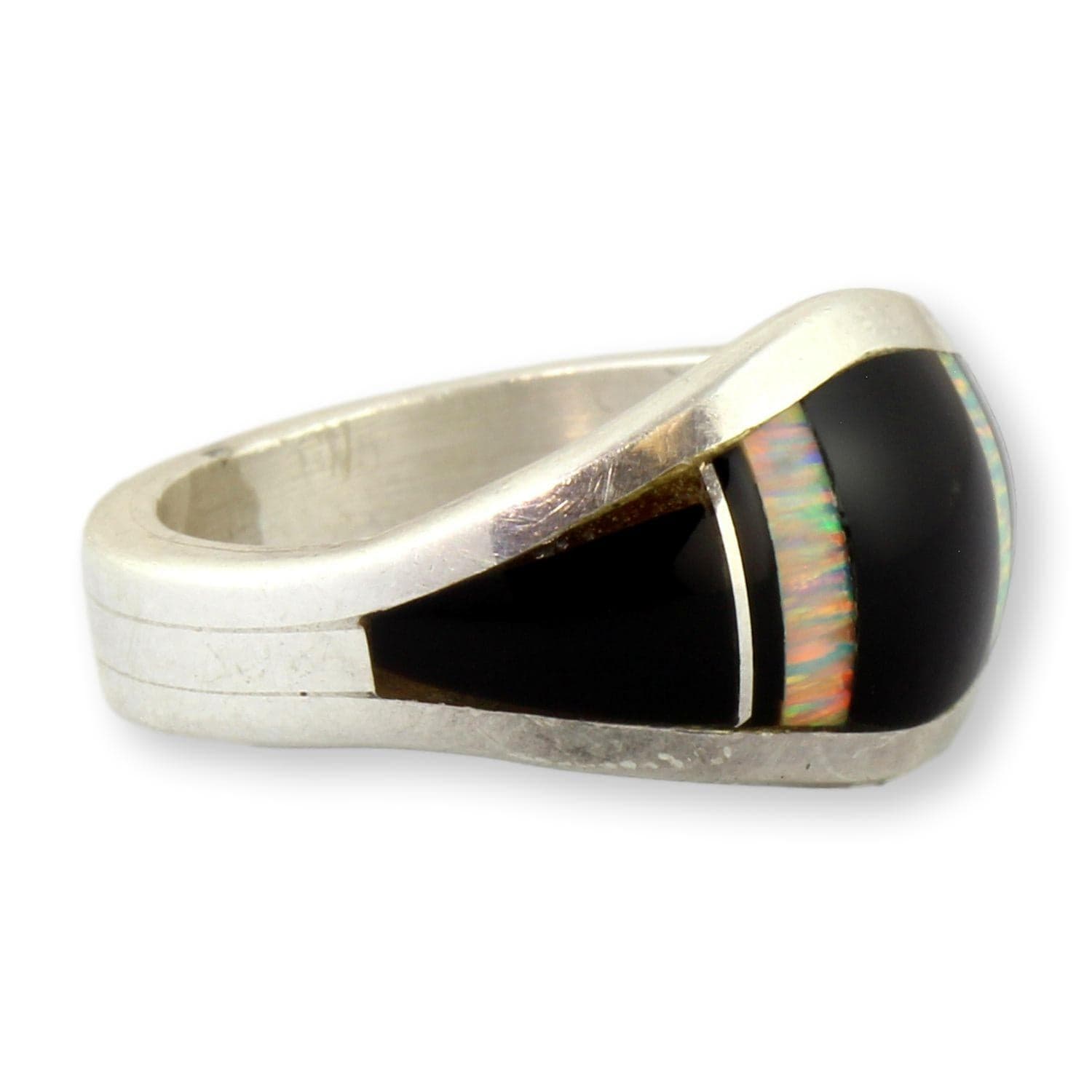 Black Onyx & Fiery Opal Sterling Silver Ring by Navajo Sheila Tso - Size 8 - Thumbnail 3