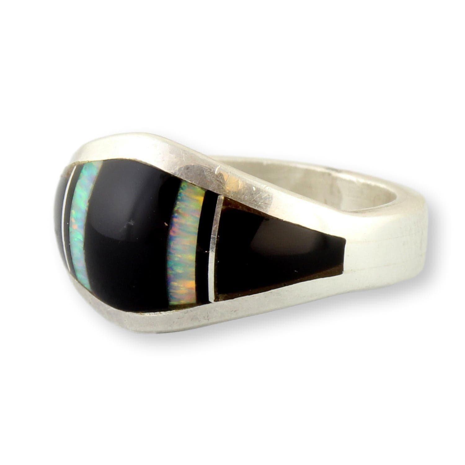 Black Onyx & Fiery Opal Sterling Silver Ring by Navajo Sheila Tso - Size 8 - Image 1