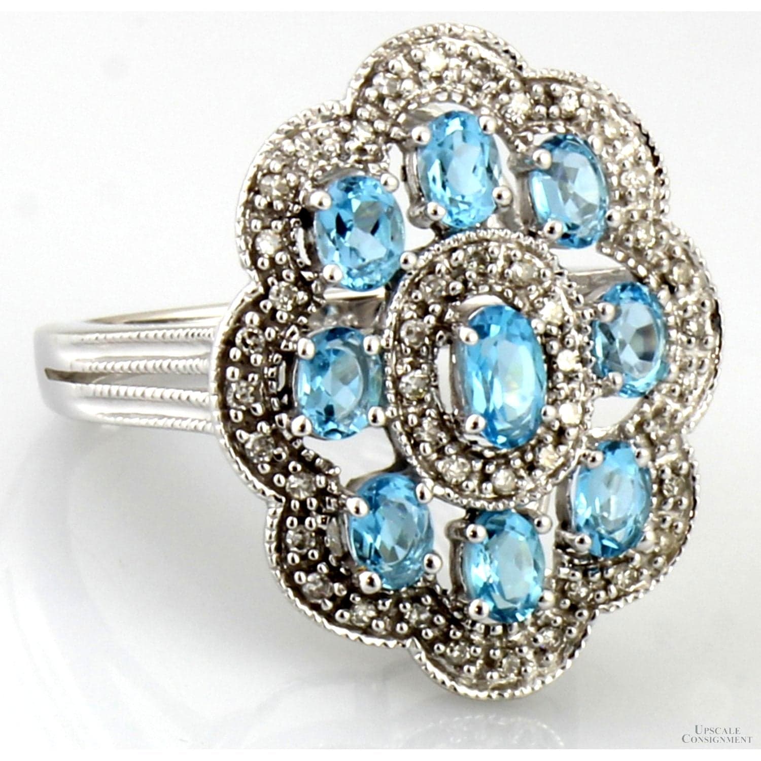 Blue Topaz & Diamond Cluster Ring in 10K White Gold - Size 7 - Thumbnail 2