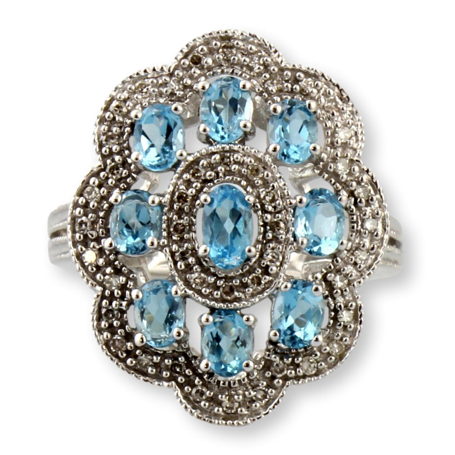 Blue Topaz & Diamond Cluster Ring in 10K White Gold - Size 7 - Image 1