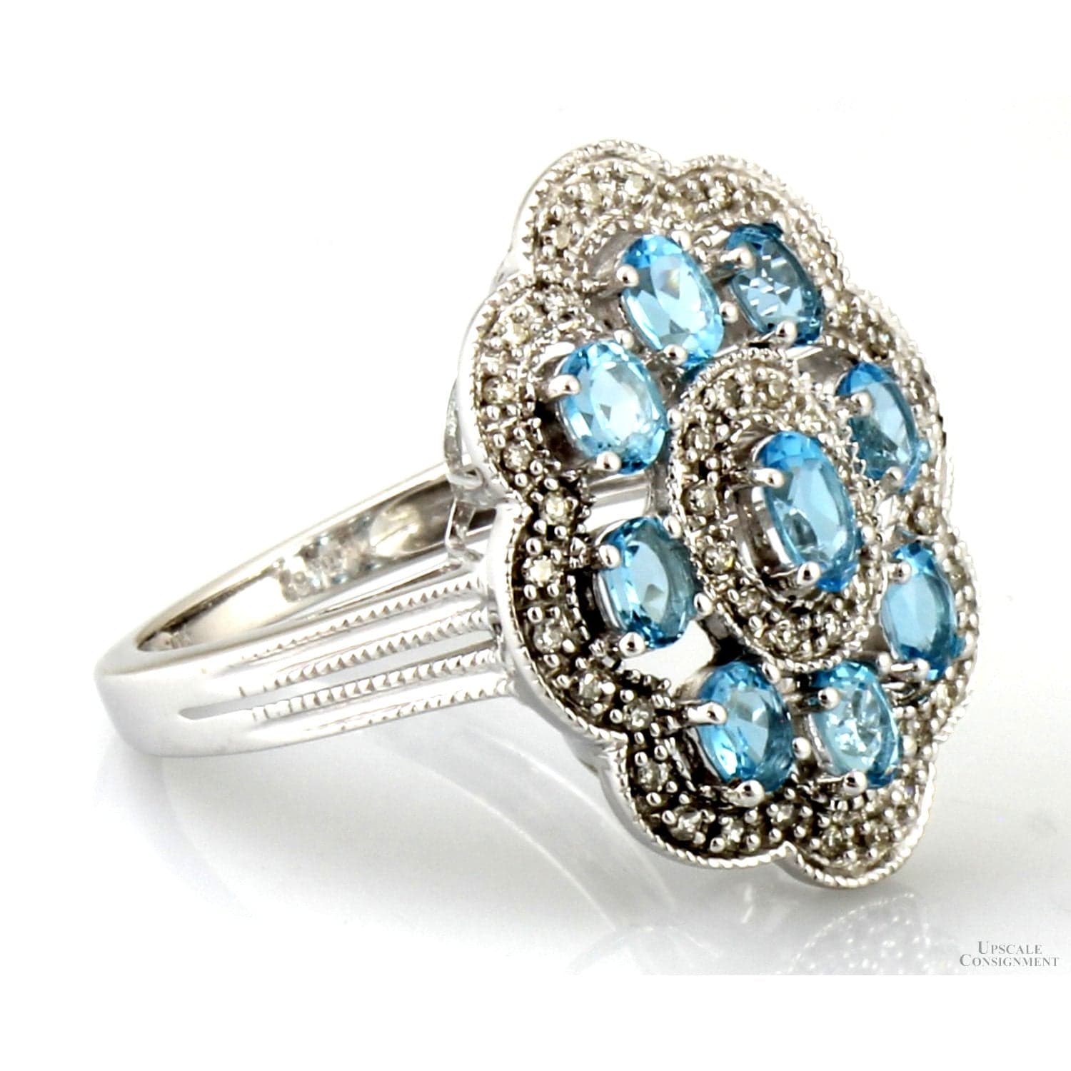 Blue Topaz & Diamond Cluster Ring in 10K White Gold - Size 7 - Thumbnail 3
