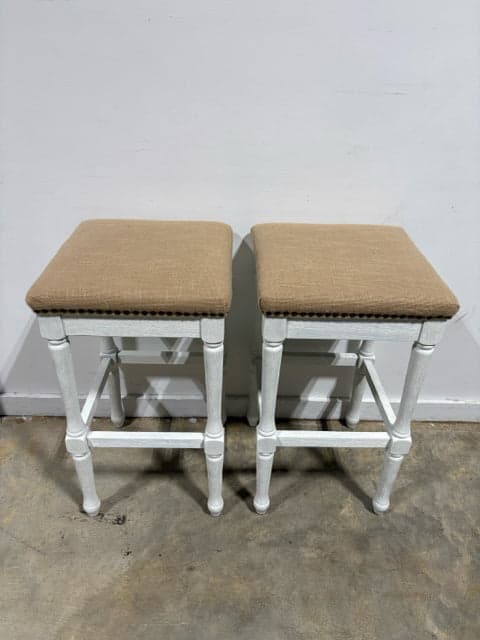 Set Of Two White Wooden Barstools With Tan Upholstery And Nailheads - Image 1