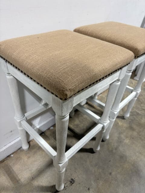 Set Of Two White Wooden Barstools With Tan Upholstery And Nailheads - Thumbnail 2