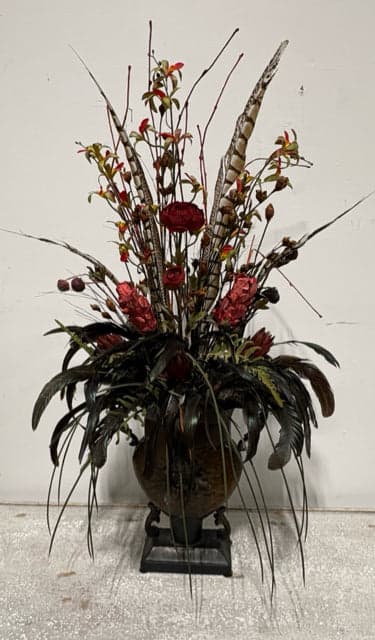 Artificial Floral Arrangement in Metal Urn Vase - Image 1