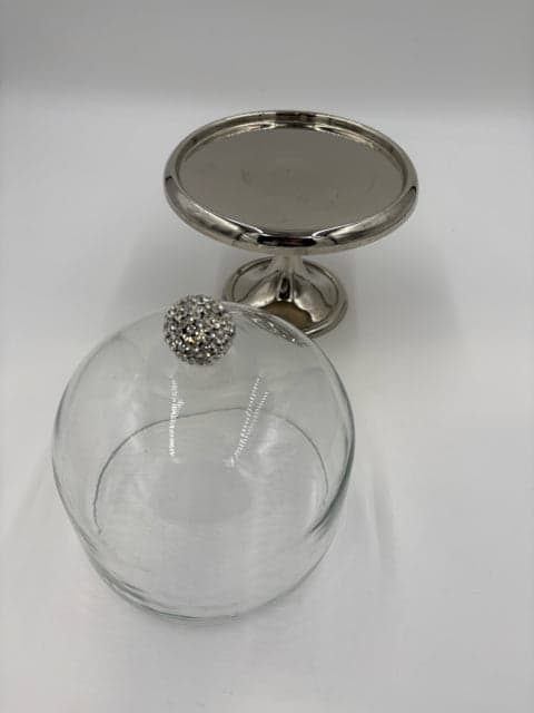 Large Crystal Round Metal Tray With Rhinestone Cloche - Thumbnail 2