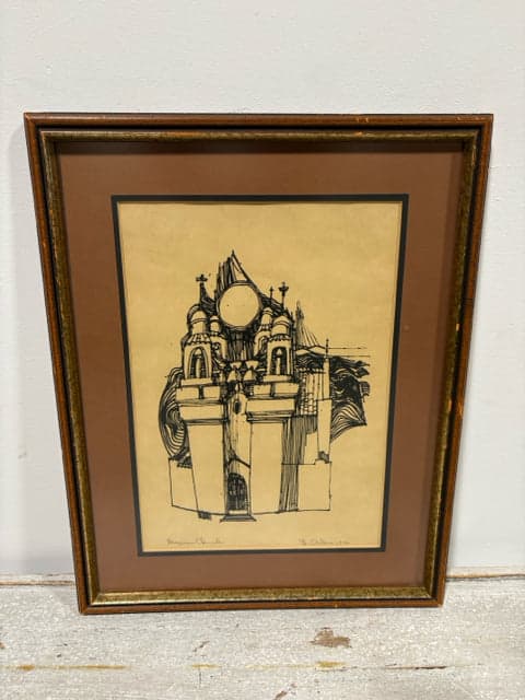 Mexican Church Pen & Ink Framed Wall Art by B. Delane - Image 1