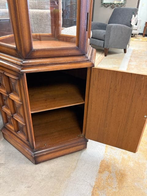 Vintage 3 Piece Octagonal Teakwood Lighted Curio Cabinet With 5 Glass Shelves - Thumbnail 3