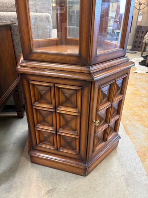 Vintage 3 Piece Octagonal Teakwood Lighted Curio Cabinet With 5 Glass Shelves - Thumbnail 2