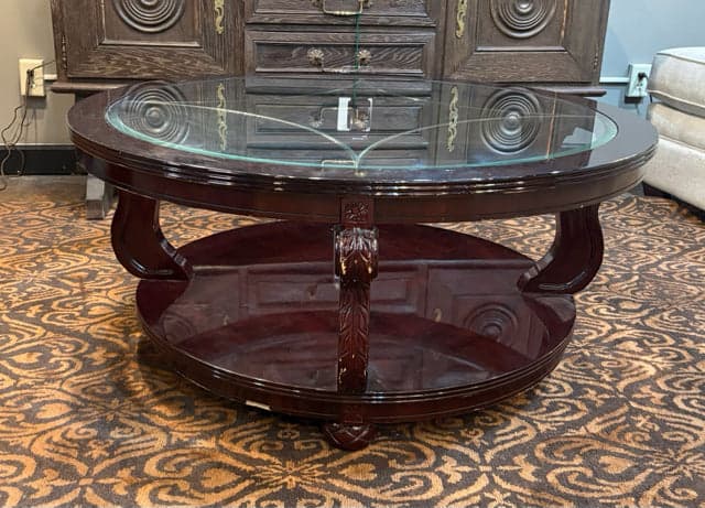 Wooden Round Coffee Table With Etched Glass Top - Image 1