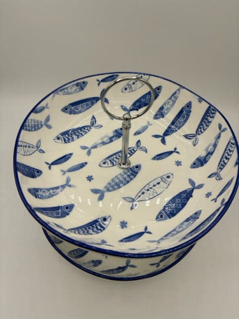 Blue & White Fish 2-Tier Serving Bowls - Thumbnail 2