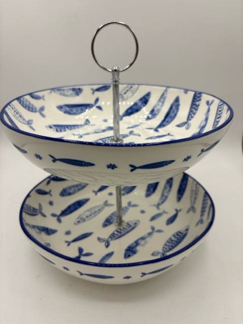 Blue & White Fish 2-Tier Serving Bowls - Image 1