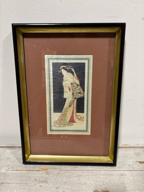 Geisha Girl On Silk In White Dress In Black And Gold Frame Artwork - Image 1