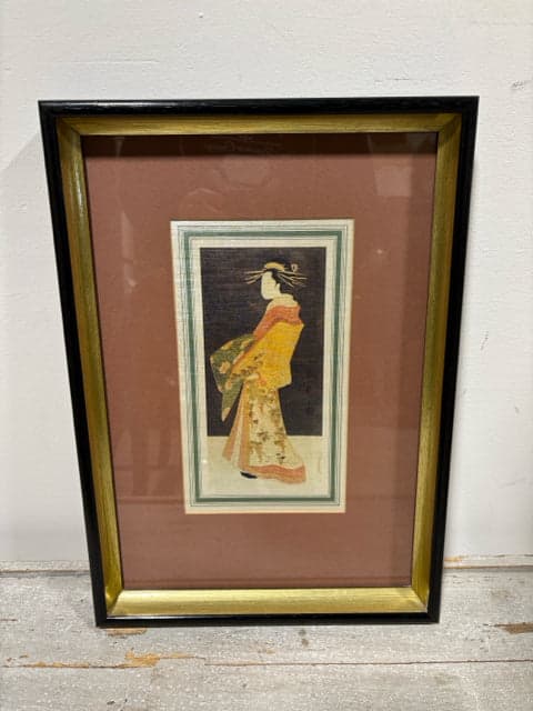 Geisha Girl On Silk In Yellow Dress In Black And Gold Frame Artwork - Image 1