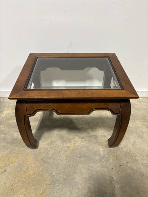 Wooden Asian Inspired Side Table With Beveled Glass Top - Image 1