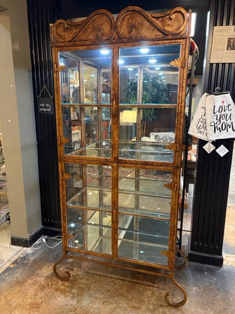 Gold Patina Lighted Glass Shelf Display Cabinet - Image 1