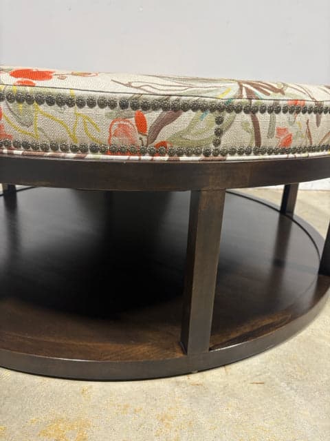 Custom Round Upholstered Ottoman With Wooden Base, Tray And Nailheads - Thumbnail 2