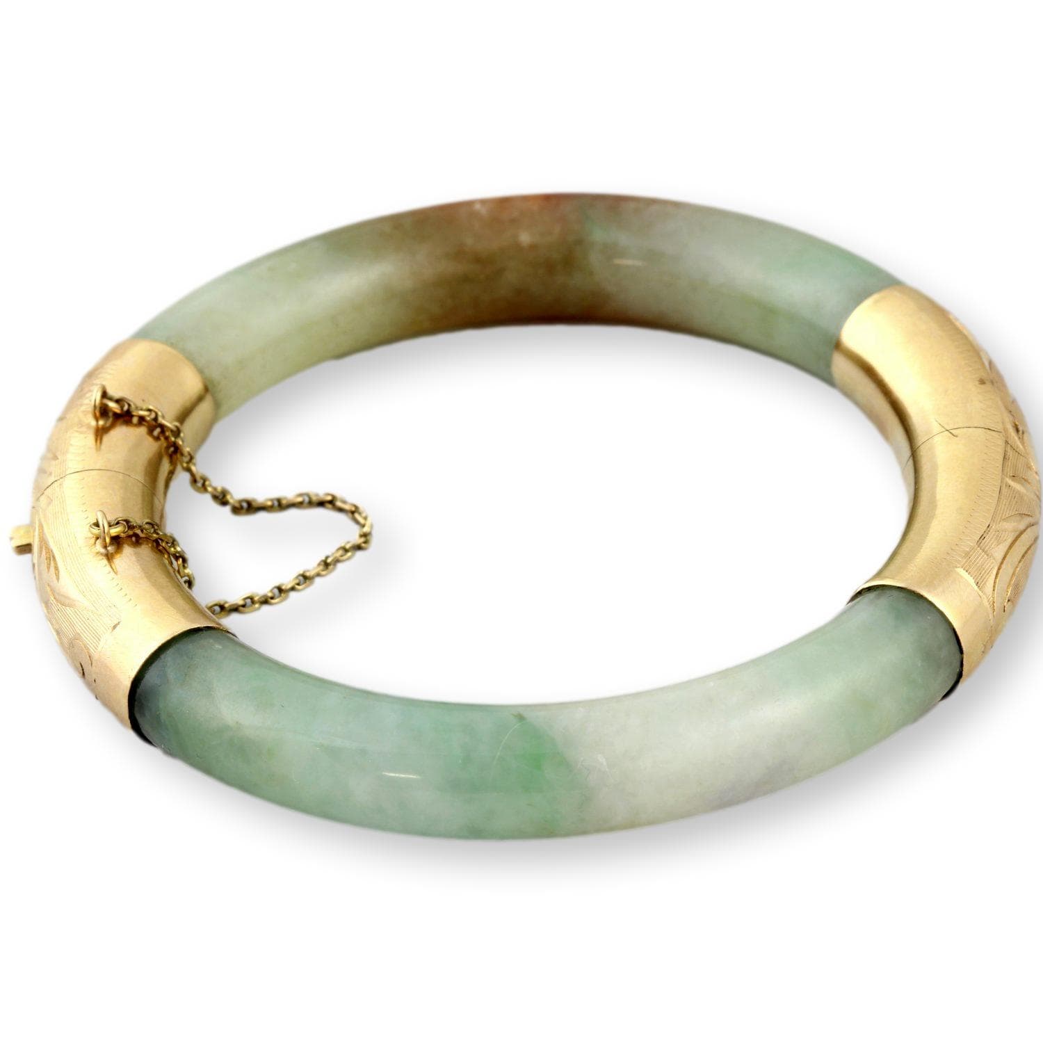 Gump's Jadeite Hinged Bangle Engraved 14K Gold c. 1970-1980 - 59mm (ID) x 11mm (w) - Image 1